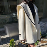 Yipinpay Loose Large Pocket Sailor Contrast Double Breasted Long Sleeve Woolen Jacket Women's Clothing 2023 Autumn Winter Coat