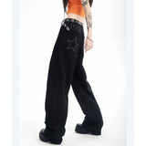 yipinpay Women Black Jeans Embroidery Low Waist Baggy Straight High Street American Autumn New Fashion Vintage Wide Leg Denim Trouser
