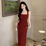 Yipinpay Temperament Dresses Women Sexy Square Collar Sleeveless Split Solid Slim Elegant Dress Vintage Party Dress Ladies
