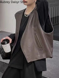 Yipinpay Fashion Black Leather Vest Women High Street Punk Sleeveless Leather Jacket Female 2023 New Loose Casual Vest Outerwear