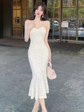 Yipinpay Dresses Women Strapless Lace Patchwork Slash Neck Backless Slim French Style Sexy Mermaid Dress Ladies Party Elegant