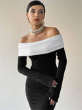 Yipinpay Off-Shoulder Patchwork Slim Maxi Dress For Women Long Sleeve High Waist Elegant Backless Party Dress Female Autumn Outfit