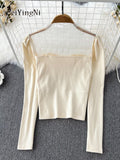 Yipinpay French Vintage T-shirt Women Square Collar Sexy Mesh Patchwork Cropped Tops Chic Slim Fit Long Sleeve T Shirts Female