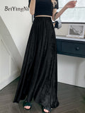 yipinpay Vintage Metallic Maxi Skirts Women Street Casual High Waist Long A-line Skirt Chic Korean Black SGothic Faldashiny