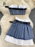 Yipinpay Fashion American Retro Y2K Sexy Denim Suits Women Strapless Mini Top+ Pleated Mini Skirt Vintage Beach Two Pieces Set