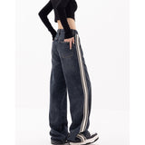 yipinpay Vintage Blue Stripe Jeans Fashion Baggy High Waist Straight Pants Street Casual Wide Leg Mopping Denim Trouser Ladies