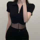 Yipinpay Women Mesh Patchwork Bodysuit Summer Sexy Black Solid Color Quarter Zip Turn-down Neckline Jumpsuit Club Wear Women Clothes