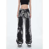 yipinpay Women's Black Vintage Tie Dye Jeans Hip Hop Baggy High Waist Wide Leg Pants Street Fashion Straight Denim Trouser Ladies Summer
