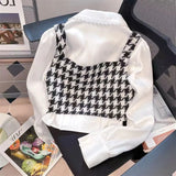 Yipinpay Houndstooth Vest Bow Shirt Blouses for Women Fashion Retro White Shirt Blusas Mujer Tweed Crop Top Casual 2set Spring