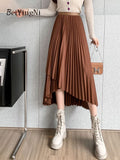 Yipinpay Women's Midi Pleated Skirt Asymmetrical Slim Elastic Waist Vintage Korean A-line Skirts 2023 Fashion Black Chic Skirt