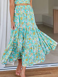 Yipinpay Womens Summer Skirt Boho Elastic Waist Pleated A-Line Flowy Layered Long Beach Skirt With Pockets Casual Street Style S-XL