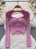 Yipinpay Women Sporty Tops Square Collar Long Sleeve Backless Kink With Chest Pad Slim Fit American Streetwear Sexy Mini Blouse