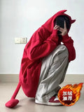 Yipinpay Women Hoodie Cartoon Devil Cowhorn American Retro Pullover 2024 New Couple Fashion Punk Coat Japanese Hip Hop Streetwear