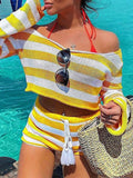 Yipinpay Pieces Women Trendy Knit Outfit Solid Color Stripe Off Shoulder Crop Tops + Elastic Waist Shorts Set For Ladies Fashion S M L