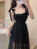 Yipinpay Woman Dress Sleeveless Bandage Bow Mesh Patchwork Layered 2024 Summer Elegant Dresses Party Ladies Black Temperament