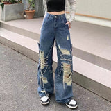 Yipinpay Streetwear Straight Pants Ladies Ripped Baggy Jeans High Waist Loose Wide Leg Pants Ladies High Street Denim Trouser
