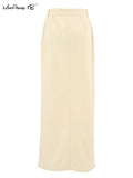 Yipinpay Elegant High Waist Long Split Skirts Street Chic Apricot Mid-Calf Skirts Female Office Cotton Skirts Casual Straight