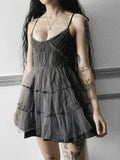 Yipinpay Dark Gothic Elegant Dress Women Emo Alt Vintage Mesh Patchwork Lace Up High Waist Dress Y2k Harajuku Mall Goth Partywear