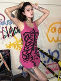 Yipinpay Emo Alt Y2k Pink Dress Women Streetwear Gothic Dark Skeleton Print Sleeveless Bodycon Dress Harajuku Grunge Rave Outfits