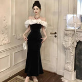 Yipinpay Mermaid Dresses Women Slash Neck Off Shoulder Patchwork Sleeveless Sexy Velvet Party Dress Elegant Ladies Backless