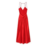 Yipinpay Women Sexy Backless Satin Red Sling Long Dress Christmas Party Vestidos