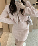 Yipinpay Notched Tweed Jacket Pink Blazer Mini Plaid Skirt Two Piece Sets Womens Outifits 2023 Autumn Winter Clothes Suits