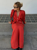 Yipinpay Knit Solid 2 Piece-Set Maxi Skirt For Women Slim V-Neck Fashion Long Sleeve Cardigan And Long Skirt Sets Ladies Outfits