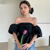 Yipinpay Puff Short Sleeve Crop Tops Slash Neck Strapless Blouse Blusas De Mujer Pleated Ruffled Shirts Off Shoulder Blouses Slim