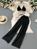 Yipinpay Women Summer Design Knitted Set Sexy Backless Halter Short Tops+Chic Hollow Knitted Wide Leg Long Pants Two Piece Suit