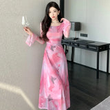 Yipinpay Elegant Dresses Women Butterfly Printed Mesh Patchwork French Style Slim Sexy Dress Flare Long Sleeve Vintage Ladies