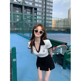 Yipinpay Girl Sports Suit Women's Turn-down Collar Casual Color Matching V-neck Top Split Shorts Two-piece Set Fashion Female Clothes