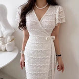 Yipinpay De Mujer Elegantes V-neck Lace Up Waist Palace Style Lace Hook Flower Dress Women Robe Femme White Jacquard One Piece
