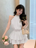 Yipinpay Two Piece Set Women Sleeveless Blouse Embroidery Lace Tank Tops Sexy Sweet Camis Ruffles Mini Skirts Female Elegant Suits