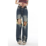 yipinpay Women's Ripped Jeans Summer New Y2K Vintage Straight Baggy High Waist Streetwear Pants Femme Wide Leg Jeans Blue Denim Trouser