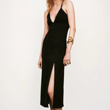 Yipinpay New Women Double Spaghetti Straps Black Midi Sexy Dress Front Slit V Neck Backless Female Party Vestidos