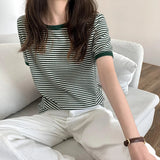 Yipinpay Japan O Neck Short Sleeve Striped Tshirts Women Summer Contrast Tops Clothing Fashion Wild Tees Cotton Y2k Shirt