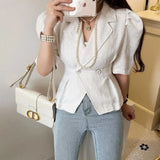 Yipinpay Puff Short Sleeve Slim High Crop Coat Double Breasted Cardigan Femme Suit New Y2k Chaquetas Mujer White Tweed Jacket