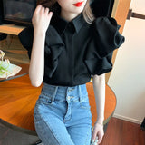 Yipinpay Lantern Short Sleeve Blouse Camisas Wild Casual Blusas Mujer De Moda 2023 New White Shirts for Women Clothes Crop Tops
