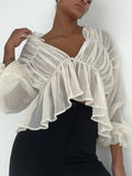 Yipinpay Women's Sexy Vintage Retro Spring Summer See-through Sheer Tops Long Sleeve V Neck Solid Color Ruched Y2K T-shirts