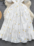 Yipinpay Fashion Sweet Long Sundress Women Square Collar Short Puff Sleeves Embroidery Floral Ruched Zipper Beach Style Dress