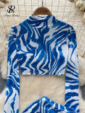 Yipinpay Fashion Zebra Print Sexy Suits 2024 Stand Collar Long Sleeves Short Top+Bodycon Mini Skirt Sensual Beach Slim Sets