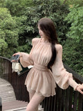 Yipinpay Two Piece Set Women Sweet Off Shoulder Blouse Hollow Out Shirts Ruffles Elegant Shorts Female French Style Chic Suits