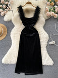 Yipinpay Strap Split Sexy Long Dress Ladies 2024 Strapless Slim Velvet Sheath Backless Bodycon Party Midi Dress