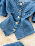 Yipinpay Fashion Denim Suits Cardigan Square Collar Short Sleeves Blouse+High Waist A Line Skirt Women Hotsweet Two Pieces Sets