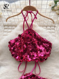 Yipinpay Fashion Streetwear Sequins Sets Women Halter Lace up Sexy Camis+Slim Skirt Solid Off Shoulder Backless Senior Suits