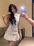 Yipinpay and Spicy Hollow Polka Dot Sleeveless White Dress for Women Summer New Chic Spicy Girl Waist Slimming A-line Short Dress