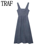 Yipinpay Grey Slip Long Dress Women Straps Midi Summer Dresses Woman 2023 Sleeveless Backless Female Dress Ruched Casual Dresses