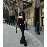 yipinpay Summer Womens Black Sexy Dress Strapless Hollow Out Europe and America Fashion Luxury Spicy Girl Female NEW Long Dress