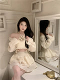 Yipinpay Two Piece Set Women Slash Neck Drawstring Flower Blouse Halter Shirts High Waist Puffy Layered Mini Skirts Solid Crop Top