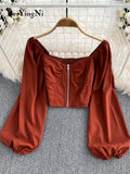 Yipinpay Spring Autumn Women Blusas And Tops Solid Color Sexy Casual Blouses Zipper Y2K Shirts Female Korean Cropped Tops 2023